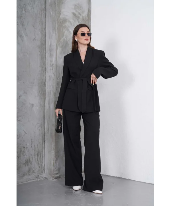 Kadın Siyah Kuşaklı Blazer Ceketli Geniş Paça Şık Takım