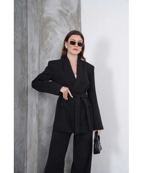 Kadın Siyah Kuşaklı Blazer Ceketli Geniş Paça Şık Takım