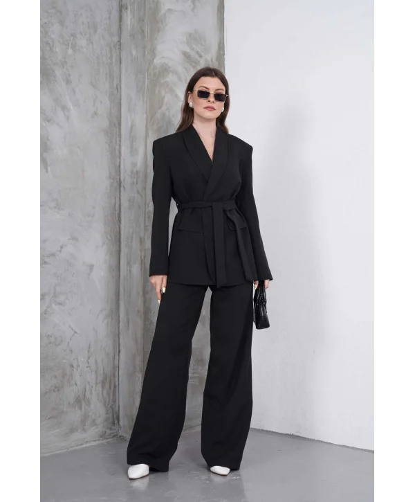 Kadın Siyah Kuşaklı Blazer Ceketli Geniş Paça Şık Takım