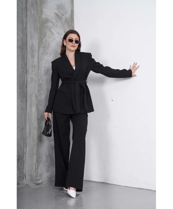 Kadın Siyah Kuşaklı Blazer Ceketli Geniş Paça Şık Takım