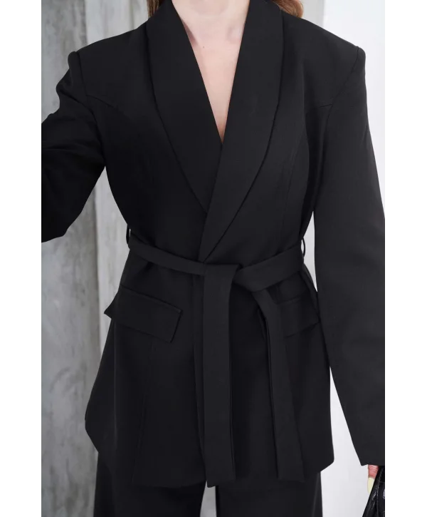 Kadın Siyah Kuşaklı Blazer Ceketli Geniş Paça Şık Takım
