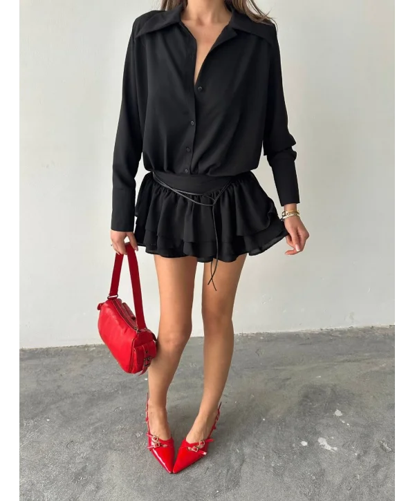 Kadın Siyah Gömlek Yaka Volanlı Pileli Mini Elbise