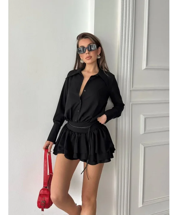 Kadın Siyah Gömlek Yaka Volanlı Pileli Mini Elbise