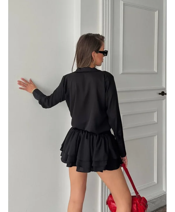 Kadın Siyah Gömlek Yaka Volanlı Pileli Mini Elbise