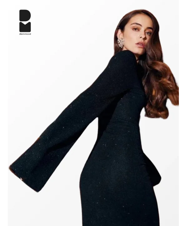 Kadın Siyah Simli Sırt Dekolteli Uzun Elbise