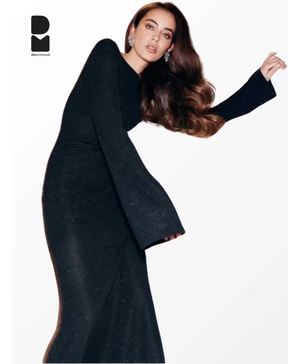 Kadın Siyah Simli Sırt Dekolteli Uzun Elbise