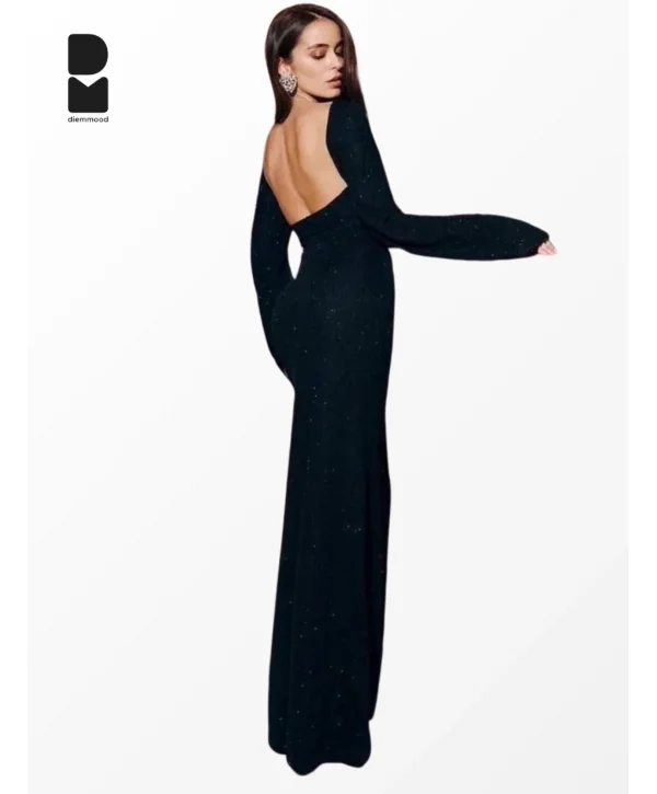 Kadın Siyah Simli Sırt Dekolteli Uzun Elbise