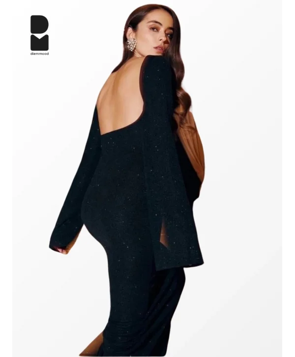 Kadın Siyah Simli Sırt Dekolteli Uzun Elbise