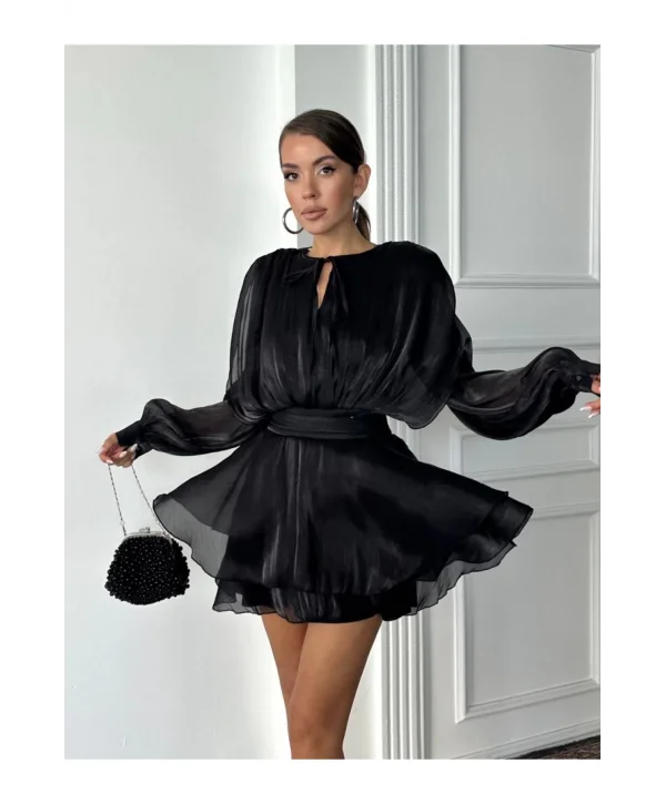 Kadın Vatkalı Jakarlı Tül Mini Elbise