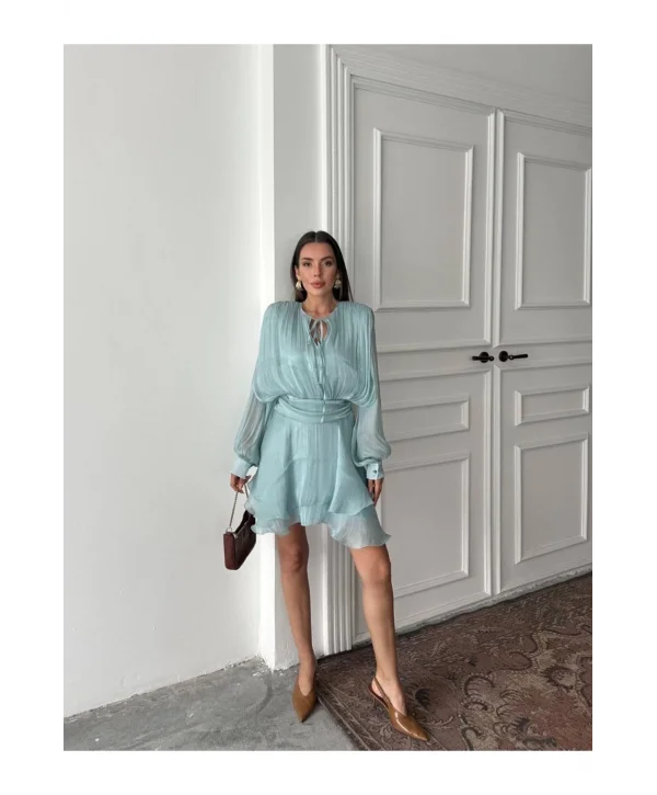 Vatkalı Jakarlı Tül Mini Elbise