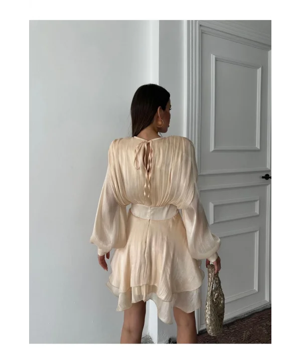 Vatkalı Jakarlı Tül Mini Elbise