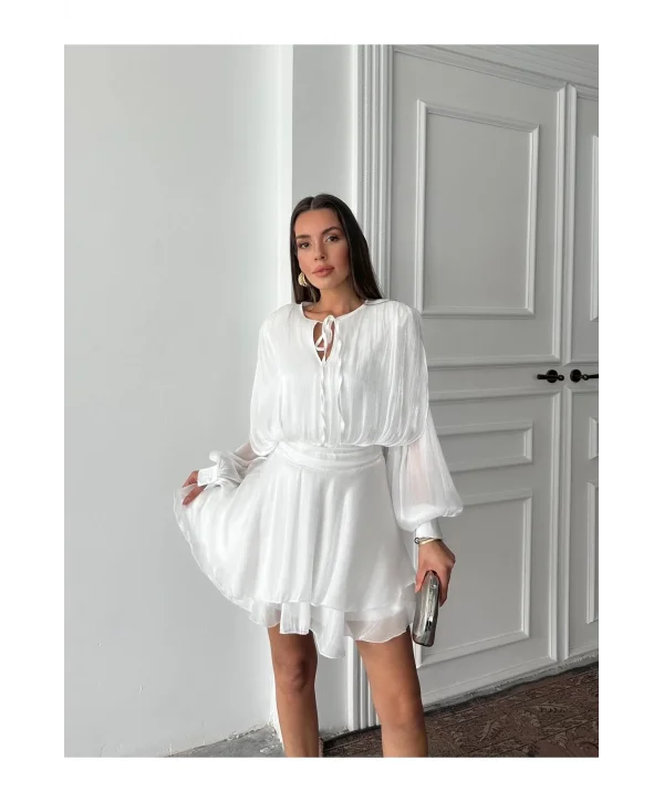 Vatkalı Jakarlı Tül Mini Elbise