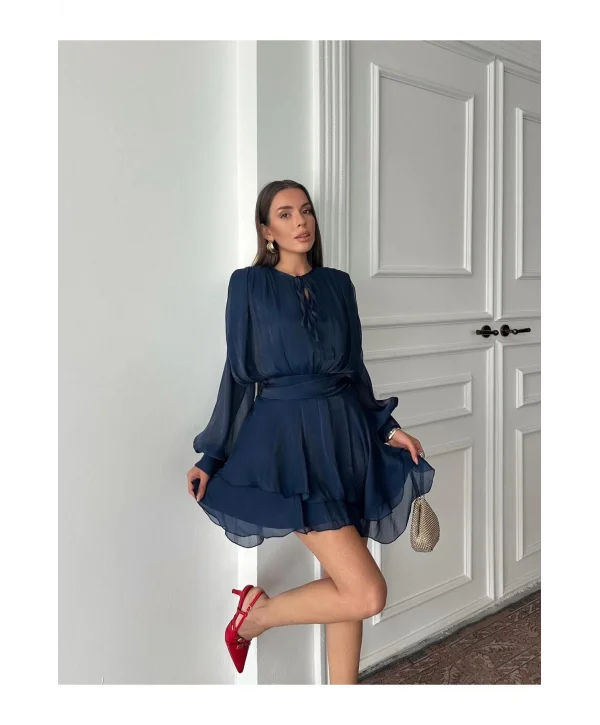 Vatkalı Jakarlı Tül Mini Elbise