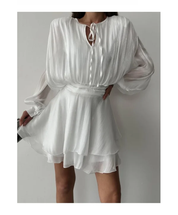 Vatkalı Jakarlı Tül Mini Elbise