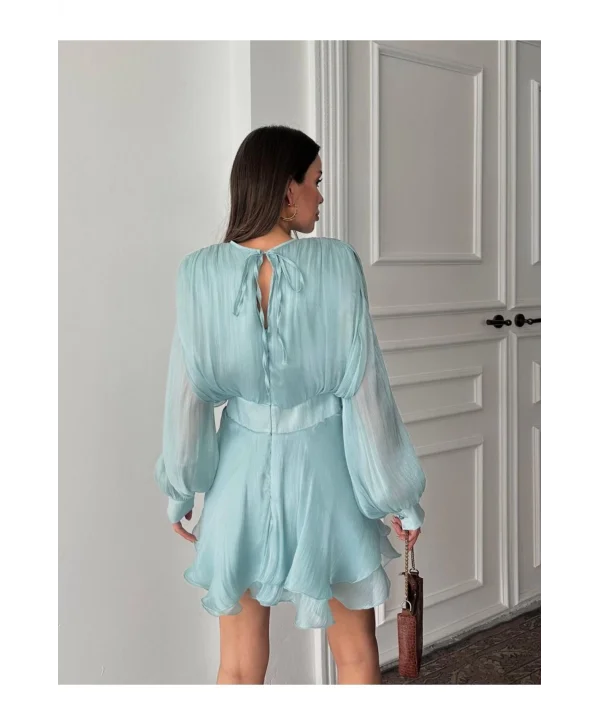 Vatkalı Jakarlı Tül Mini Elbise