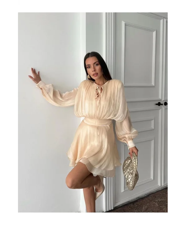 Vatkalı Jakarlı Tül Mini Elbise