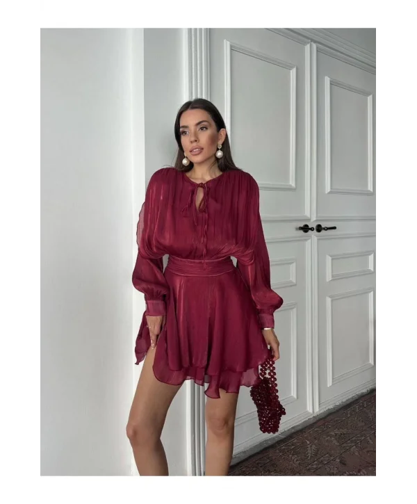 Vatkalı Jakarlı Tül Mini Elbise