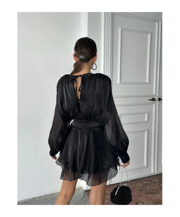 Kadın Vatkalı Jakarlı Tül Mini Elbise