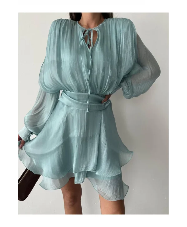 Vatkalı Jakarlı Tül Mini Elbise