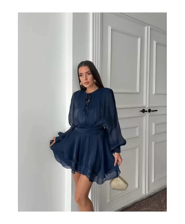 Vatkalı Jakarlı Tül Mini Elbise