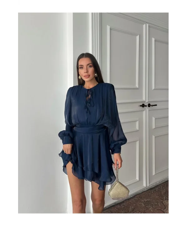 Vatkalı Jakarlı Tül Mini Elbise