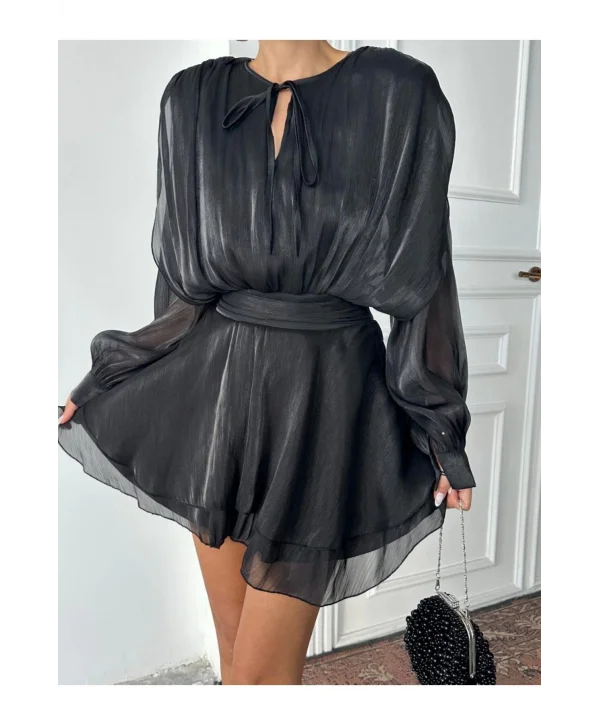 Kadın Vatkalı Jakarlı Tül Mini Elbise