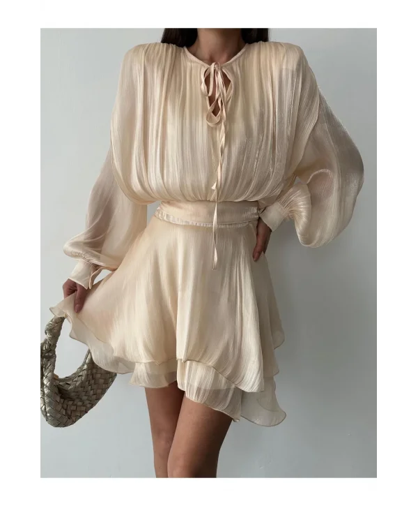 Vatkalı Jakarlı Tül Mini Elbise