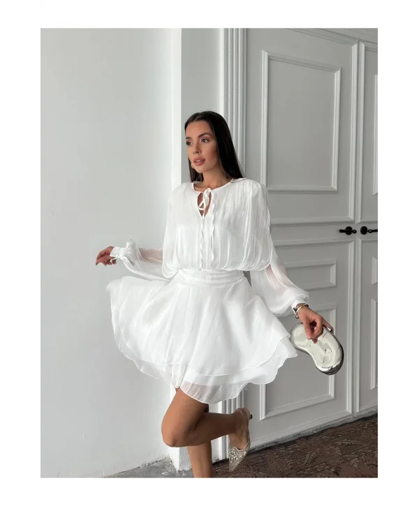 Vatkalı Jakarlı Tül Mini Elbise