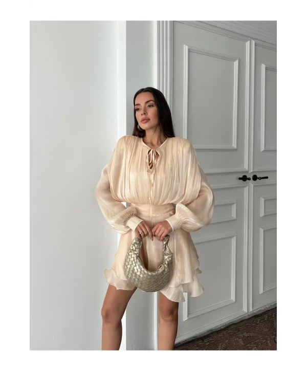 Vatkalı Jakarlı Tül Mini Elbise