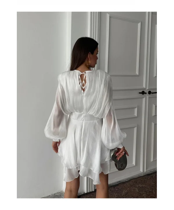 Vatkalı Jakarlı Tül Mini Elbise