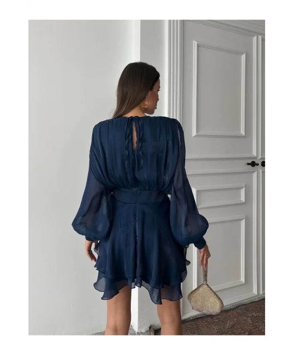 Vatkalı Jakarlı Tül Mini Elbise