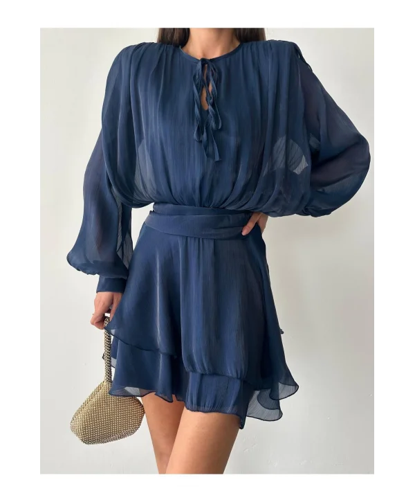 Vatkalı Jakarlı Tül Mini Elbise