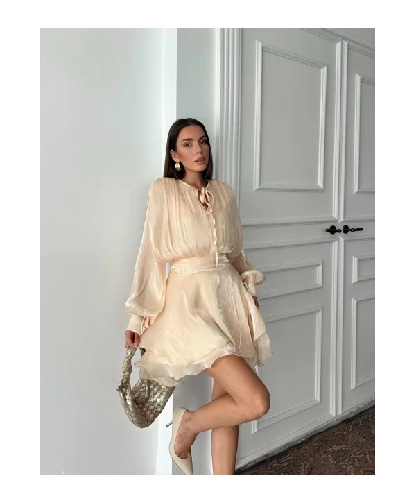 Vatkalı Jakarlı Tül Mini Elbise