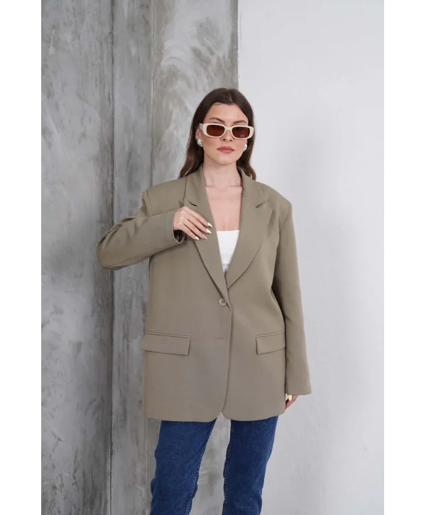 Kadın Oversize Tek Düğmeli Vatkalı Blazer Ceket