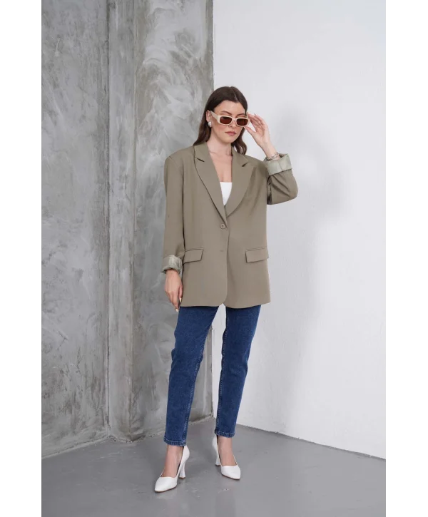 Kadın Oversize Tek Düğmeli Vatkalı Blazer Ceket