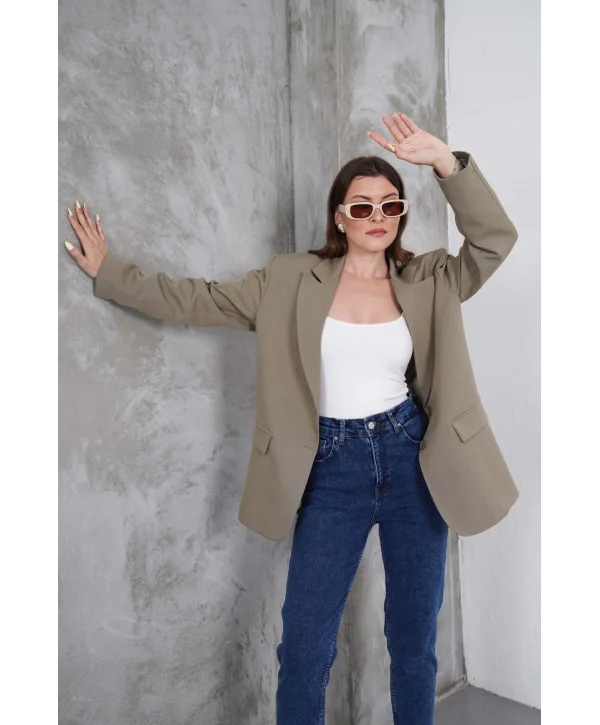 Kadın Oversize Tek Düğmeli Vatkalı Blazer Ceket