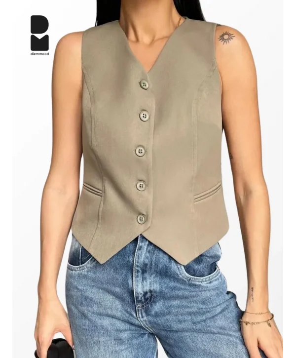 Kadın Düğmeli Klasik Yeşil Yelek