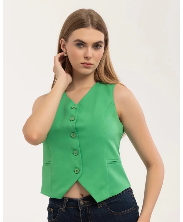 Kadın Klasik Düğmeli Yeşil Yelek