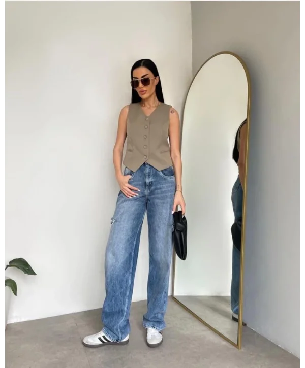 Kadın Düğmeli Klasik Yeşil Yelek