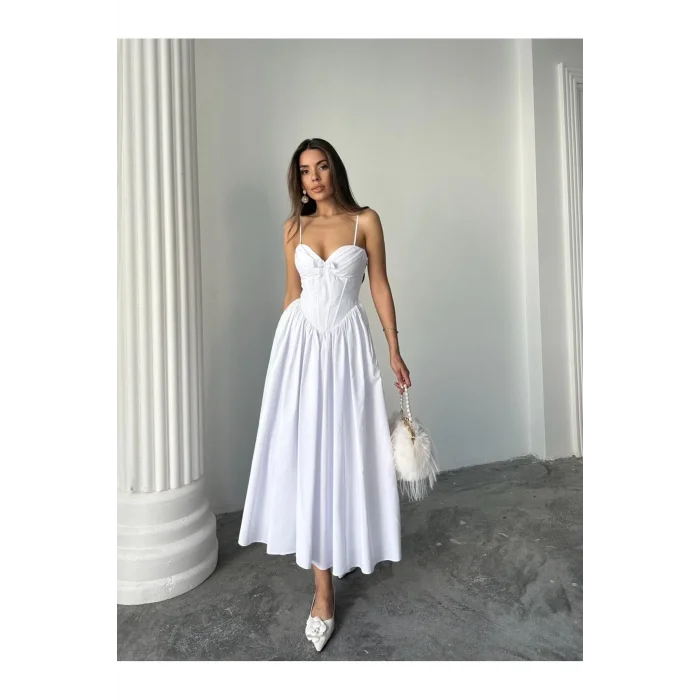 Kadın Poplin Kumaş Kurdeleli Askılı Midi Elbise