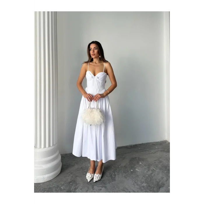 Kadın Poplin Kumaş Kurdeleli Askılı Midi Elbise