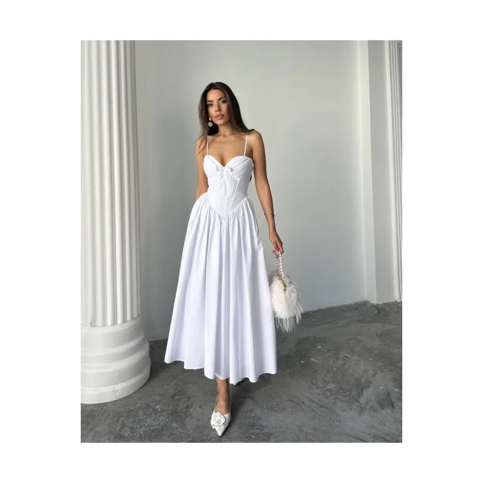 Kadın Poplin Kumaş Kurdeleli Askılı Midi Elbise