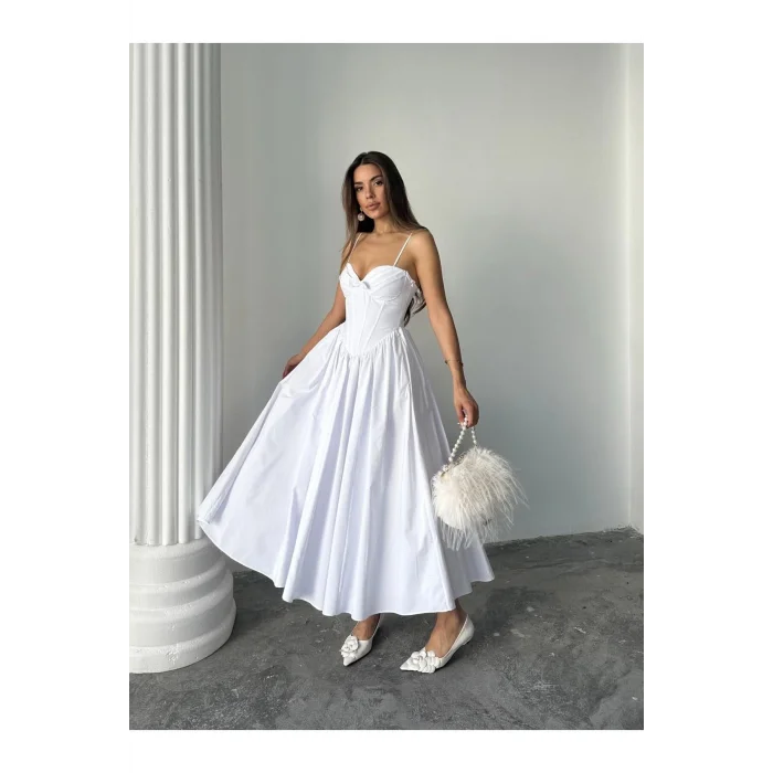 Kadın Poplin Kumaş Kurdeleli Askılı Midi Elbise