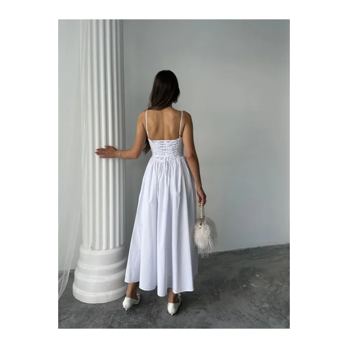 Kadın Poplin Kumaş Kurdeleli Askılı Midi Elbise