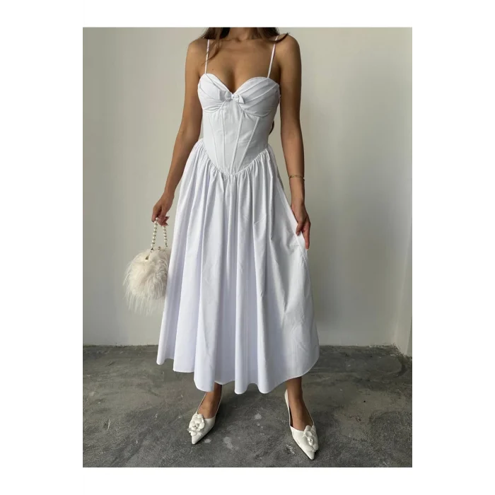 Kadın Poplin Kumaş Kurdeleli Askılı Midi Elbise