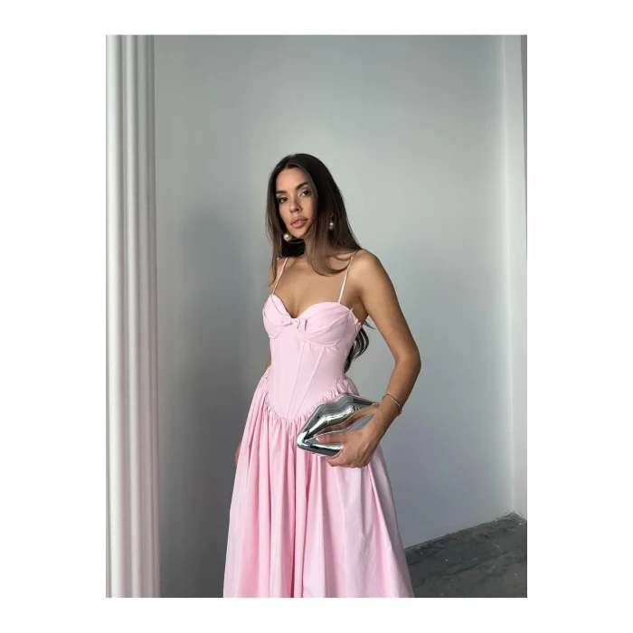 Kadın Poplin Kumaş Kurdeleli Askılı Midi Elbise