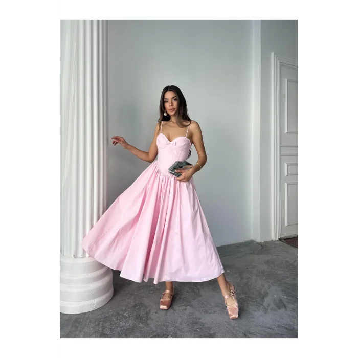 Kadın Poplin Kumaş Kurdeleli Askılı Midi Elbise