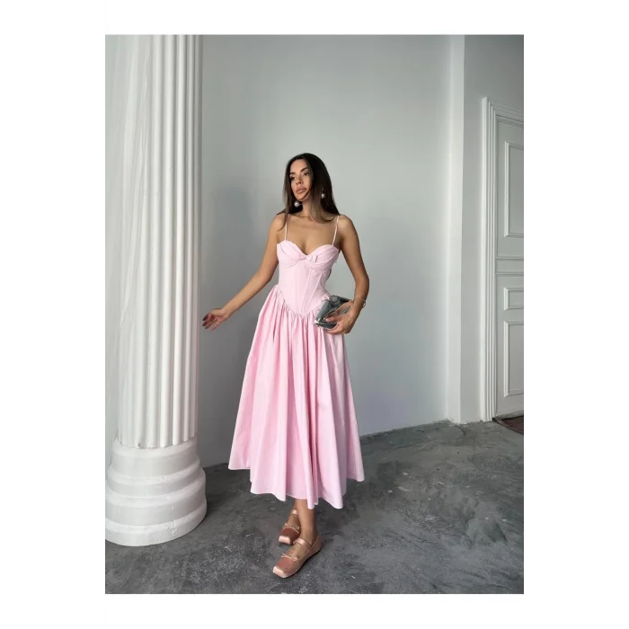 Kadın Poplin Kumaş Kurdeleli Askılı Midi Elbise