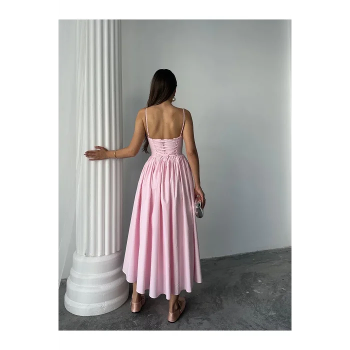 Kadın Poplin Kumaş Kurdeleli Askılı Midi Elbise