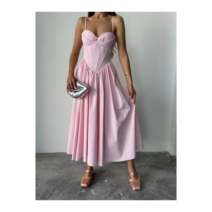 Kadın Poplin Kumaş Kurdeleli Askılı Midi Elbise